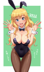 Rule 34 | 1girl, 2023, absurdres, animal ears, black bow, black bowtie, black leotard, blonde hair, blue eyes, bow, bowtie, breasts, cleavage, covered navel, detached collar, green background, highres, idolmaster, idolmaster cinderella girls, large breasts, leotard, looking at viewer, new year, nigou, ohtsuki yui, open mouth, pantyhose, playboy bunny, rabbit ears, round teeth, smile, solo, standing, strapless, strapless leotard, teeth, thigh gap, upper teeth only, wrist cuffs