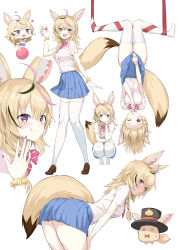 Rule 34 | 1girl, :o, animal ears, bent over, blonde hair, blush, bow, bowtie, collared shirt, crystal shoujo, fennec fox, fox ears, fox girl, fox tail, hair between eyes, head, heart, heart-shaped eyes, highres, hololive, long hair, looking at viewer, miniskirt, nail polish, omaru polka, one eye closed, open mouth, panty straps, school uniform, shirt, simple background, skirt, skirt hold, smile, squatting, standing, tail, thighhighs, thighs, tongue, tongue out, upside-down, virtual youtuber, waving, zain (omaru polka)