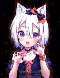 Rule 34 | 1girl, 2019, animal ears, artist name, black choker, blue dress, blue eyes, blue sleeves, blush, cat ears, choker, claw pose, collarbone, commentary request, detached sleeves, dress, fangs, hair between eyes, halloween, hands up, happy halloween, looking at viewer, nami (nyaa), open mouth, original, puffy short sleeves, puffy sleeves, see-through, see-through sleeves, short sleeves, sleeveless, sleeveless dress, solo, white hair