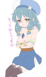 Rule 34 | 1girl, aqua hair, beret, between breasts, black thighhighs, blue hat, blue skirt, blush, breasts, card, cleavage, clothes pull, commentary request, endro!, garter straps, green eyes, hair ornament, hat, highres, long hair, medium breasts, meiza endust, nipples, see-through, shirt, shirt pull, sidelocks, simple background, sincos, sitting, skirt, smile, solo, thighhighs, translated, white background, white hat, white shirt