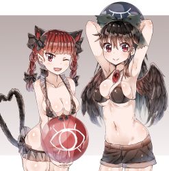 Rule 34 | 2girls, ;3, ;d, animal ears, arched back, armpits, arms behind head, arms up, bad id, bad pixiv id, ball, bare shoulders, bikini, bird wings, black bikini, black bow, black wings, blush, bow, braid, breasts, brown hair, cat ears, cat tail, cleavage, collarbone, extra ears, fang, frilled bikini, frills, gradient background, green bow, hair bow, highres, holding, holding ball, kaenbyou rin, long hair, looking at viewer, medium breasts, multiple girls, multiple tails, navel, nekomata, one eye closed, open mouth, pointy ears, re-ka, red eyes, red hair, reiuji utsuho, short shorts, shorts, skindentation, slit pupils, smile, swimsuit, tail, tareme, third eye, touhou, tsurime, twin braids, v arms, wings