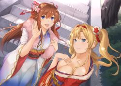 Rule 34 | bare shoulders, blonde hair, blue eyes, braid, braided hair rings, breasts, brown hair, cleavage, fur trim, granblue fantasy, hair ornament, hair rings, hand on own chest, japanese clothes, kimono, large breasts, lecia (granblue fantasy), long hair, obi, off shoulder, open mouth, parted lips, sash, shawl, stairs, terry (pixiv3274443), twintails, waving, wide sleeves, zeta (granblue fantasy)