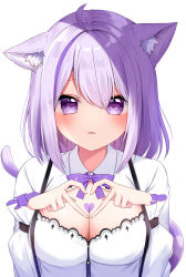Rule 34 | 1girl, absurdres, ahoge, animal ear fluff, blush, bow, bowtie, breasts, buttons, cat girl, cat tail, chest tattoo, cleavage, collared shirt, fingernails, hair between eyes, hands up, heart, heart-shaped pupils, heart hands, heart tattoo, highres, hololive, large breasts, long fingernails, long sleeves, looking at viewer, nekomata okayu, nekomata okayu (wonderland), open mouth, puffy long sleeves, puffy sleeves, purple bow, purple bowtie, purple eyes, purple hair, shinonome asu, shirt, short hair, sidelocks, simple background, smile, solo, star (symbol), star print, suspenders, symbol-shaped pupils, tail, tattoo, tongue, upper body, virtual youtuber, white background, white shirt