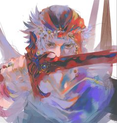 Rule 34 | 1boy, arm up, bandana, beads, brown eyes, cape, commentary, covered mouth, final fantasy, final fantasy ii, firion, forehead jewel, gem, grey hair, hair beads, hair ornament, holding, holding sword, holding weapon, jewelry, looking at viewer, male focus, multiple rings, red gemstone, ring, serious, short hair, sketch, skraksff, solo, sword, upper body, weapon, white background