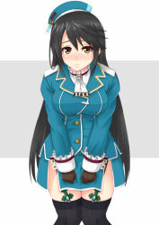 Rule 34 | 1girl, beret, black gloves, black hair, black thighhighs, blush, breasts, brown eyes, cosplay, cowboy shot, female focus, garter straps, gloves, grey background, haruna (kancolle), hat, kantai collection, knees together feet apart, large breasts, leaning forward, long hair, long sleeves, looking at viewer, military, military uniform, miniskirt, sano souichi, skirt, solo, takao (kancolle), takao (kancolle) (cosplay), thighhighs, touyama nao, uniform, very long hair, voice actor connection, white background, zettai ryouiki