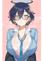 Rule 34 | 1girl, absurdres, aqua necktie, blue-framed eyewear, blue archive, blue hair, blush, bra, breasts, cardigan, chihiro (blue archive), emirio (emirio110), glasses, green eyes, hair between eyes, hair ornament, hairclip, halo, highres, lace, lace-trimmed bra, lace trim, large breasts, necktie, parted lips, pink bra, see-through, shirt, short hair, signature, simple background, solo, sweat, two-tone background, underwear, upper body, wet, wet clothes, white shirt
