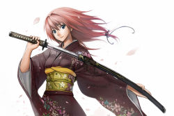 Rule 34 | 1girl, blue eyes, japanese clothes, katana, kimono, kurojishi, red hair, sheath, short hair, solo, sword, unsheathing, weapon