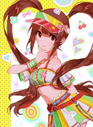 Rule 34 | 1girl, absurdres, arm behind back, arm guards, bare shoulders, belt, bow, brown eyes, brown hair, cherry, closed mouth, cropped shirt, finger to own chin, food, fruit, green nails, grid background, hair bow, heart, highres, idolmaster, idolmaster million live!, idolmaster million live! theater days, jewelry, long hair, looking at viewer, matsuda arisa, midriff, multicolored clothes, navel, necklace, o-ring, o-ring belt, pink ribbon, pleated skirt, polka dot, polka dot background, red belt, ribbon, scrunchie, skirt, smile, solo, standing, star (symbol), star necklace, twintails, two-tone background, v, visor cap, yatatashira, yellow bow