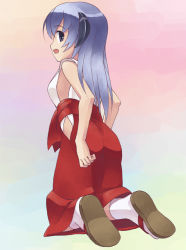 Rule 34 | 00s, 1girl, bare shoulders, blue eyes, blue hair, breasts, c-lop, female focus, from behind, full body, hair ornament, higurashi no naku koro ni, horns, kneeling, long hair, looking at viewer, looking back, open mouth, sandals, shoes, simple background, socks, solo, tagme, white socks
