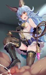 Rule 34 | 1boy, 1girl, animal ears, backless dress, backless outfit, bare shoulders, bdsm, belt, black footwear, black gloves, black skirt, blue hair, bootjob, boots, breasts, brown thighhighs, censored, clothed female nude male, covered erect nipples, cum, dominatrix, dress, earrings, ejaculation, erune, femdom, ferry (granblue fantasy), footjob, frilled gloves, frills, from below, gloves, granblue fantasy, hair between eyes, high heel boots, high heels, highres, holding, holding whip, jewelry, konboi-eg, long hair, loose belt, medium breasts, mosaic censoring, nude, open mouth, orange eyes, panties, pantyshot, penis, rabbit ears, sadism, shoejob, sideboob, sideless outfit, single earring, skirt, stepped on, thighhighs, underwear, v-shaped eyebrows, very long hair, wavy hair, whip