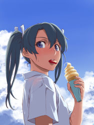 Rule 34 | 10s, 1girl, :p, blue eyes, blue hair, blue sky, blush, cloud, day, food, from side, hair between eyes, hair ribbon, holding, holding food, ice cream, ishii hisao, kantai collection, looking at viewer, looking to the side, matching hair/eyes, ribbon, shirt, short hair, short sleeves, short twintails, sky, solo, standing, summer, teeth, tongue, tongue out, twintails, upper body, water, water drop, wet, white ribbon, white shirt, wrapper, zuikaku (kancolle)