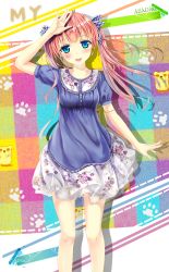 Rule 34 | 1girl, abstract background, absurdres, blue eyes, blush, breasts, dress, floral print, hair ribbon, head tilt, highres, long hair, looking at viewer, medium breasts, open mouth, original, pink hair, purple dress, ribbon, shadow, solo, standing, tongue, twintails, wuming (xianghui0106)