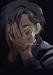 Rule 34 | 1boy, black hair, black jacket, blood, blood on face, blood on hands, commentary, covering face, dated, green eyes, hands on own face, hypnosis mic, iruma jyuto, jacket, male focus, no eyewear, portrait, solo, tianel ent, twitter username