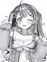 Rule 34 | 1girl, ;d, absurdres, ahoge, blush, breasts, cleavage, collarbone, copyright request, greyscale, hair ornament, heart, highres, large breasts, long hair, long sleeves, looking at viewer, monochrome, nanashi (nlo), one eye closed, open mouth, sidelocks, simple background, sleeves past wrists, smile, solo, straight-on, twintails, upper body, virtual youtuber