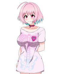 Rule 34 | 1girl, absurdres, arm behind back, belt collar, bone print, breasts, collar, collarbone, colored inner hair, heart, heart collar, highres, idolmaster, idolmaster cinderella girls, large breasts, looking to the side, multicolored hair, oxicmar, pink eyes, pink hair, shirt, short sleeves, skeleton print, smile, solo, t-shirt, two-tone hair, white background, yumemi riamu