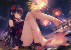 Rule 34 | 1girl, absurdres, arms at sides, bare legs, bare shoulders, barefoot, black kimono, blush, breasts, choker, closed mouth, collarbone, daefny, detached wings, dress, feet, fingernails, fireworks, flower, hair between eyes, hair flower, hair ornament, highres, japanese clothes, kimono, knees up, large breasts, leg up, legs, long hair, looking at viewer, medium breasts, night, obi, ocean, original, outdoors, purple eyes, purple hair, red choker, red flower, sash, sidelocks, sitting, sleeveless, sleeveless dress, smile, soles, solo, toenails, toes, very long hair, water, wings