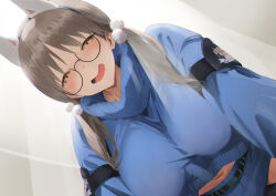 Rule 34 | 1girl, animal ears, blue archive, blue skirt, blue sweater, blush, breasts, brown eyes, brown hair, fake animal ears, glasses, highres, large breasts, long hair, long sleeves, looking at viewer, moe (blue archive), navel, open mouth, pleated skirt, rabbit ears, round eyewear, skirt, smile, solo, su-102, sweater, twintails