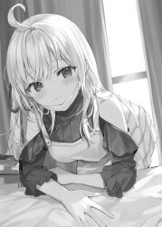 Rule 34 | 1girl, absurdres, ahoge, alisa mikhailovna kujou, apron, arm support, bed sheet, bent over, blush, breasts, closed mouth, clothing cutout, commentary request, curtains, frilled sleeves, frills, greyscale, hair ribbon, head tilt, highres, indoors, long hair, looking at viewer, mask, momoko (momopoco), monochrome, mouth mask, novel illustration, official art, raised eyebrows, ribbon, second-party source, shoulder cutout, smile, solo, tokidoki bosotto roshia-go de dereru tonari no arya-san, window
