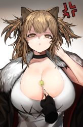 Rule 34 | 1girl, absurdres, anger vein, animal ears, arknights, between breasts, black choker, black jacket, breasts, candy, choker, collarbone, food, food between breasts, fur-trimmed jacket, fur trim, glaring, gradient background, grey background, hand in own hair, hand up, highres, jacket, jam (nandade), lips, lollipop, long hair, looking at viewer, parted lips, shirt, siege (arknights), solo focus, upper body, white background, white shirt