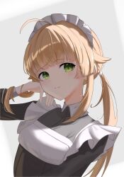 Rule 34 | 1732050807point, 1girl, absurdres, ahoge, apron, black dress, blonde hair, breasts, closed mouth, dress, eyebrows hidden by hair, green eyes, hair tie, hand on own cheek, hand on own face, highres, long bangs, long hair, looking at viewer, maid, maid apron, maid headdress, mushoku tensei, norn greyrat, ponytail, simple background, small breasts, solo, upper body, white apron, white headdress