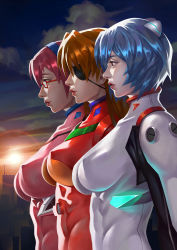 Rule 34 | 3girls, absurdres, arm at side, ayanami rei, blue hair, blue hairband, bodysuit, breasts, brown hair, building, closed mouth, cloud, covered erect nipples, evangelion: 2.0 you can (not) advance, eyepatch, female focus, from side, glasses, hair ornament, hairband, hairpods, highres, interface headset, junqi mu, large breasts, lineup, lips, lipstick, long hair, looking away, makeup, makinami mari illustrious, medium breasts, multiple girls, neon genesis evangelion, nipples, outdoors, parted lips, pilot suit, pink bodysuit, plugsuit, purple hair, rebuild of evangelion, red-framed eyewear, red bodysuit, red eyes, red lips, semi-rimless eyewear, serious, short hair, skin tight, sky, souryuu asuka langley, sunset, upper body, white bodysuit