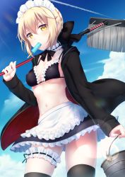 Rule 34 | 1girl, apron, artoria pendragon (all), artoria pendragon (alter swimsuit rider) (fate), artoria pendragon (alter swimsuit rider) (second ascension) (fate), artoria pendragon (fate), bikini, black bow, black skirt, black thighhighs, blonde hair, blue sky, bow, braid, breasts, bridal garter, bucket, cloud, cloudy sky, contrail, contrapposto, cowboy shot, day, fate/grand order, fate (series), food, frilled apron, frills, hair bow, hand up, highres, hio (hiohio0306), holding, hood, hoodie, lens flare, looking at viewer, maid, maid bikini, medium breasts, mop, mouth hold, navel, open clothes, open hoodie, outdoors, popsicle, saber alter, sidelocks, skirt, sky, solo, standing, swimsuit, thighhighs, thighs, tsurime, unconventional maid, underboob, waist apron, yellow eyes