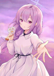 Rule 34 | 1girl, atsuko (blue archive), blue archive, blush, braid, collared dress, dress, flower, foreshortening, hair between eyes, halo, highres, long hair, long sleeves, open mouth, purple hair, purple halo, red eyes, solo, twin braids, upper body, white dress, white flower, xgao