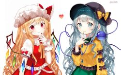 Rule 34 | 2girls, alternate hair length, alternate hairstyle, aqua eyes, arm at side, arm up, black headwear, blue nails, blush, bow, commentary request, fang, finger to own chin, fingernails, flandre scarlet, frilled shirt, frilled shirt collar, frilled sleeves, frills, green skirt, hair between eyes, hat, hat bow, hat ribbon, juliet sleeves, komeiji koishi, long hair, long sleeves, looking at viewer, mob cap, multiple girls, nail polish, neck ribbon, pointy ears, puffy short sleeves, puffy sleeves, red eyes, red nails, red skirt, red vest, ribbon, sakizaki saki-p, sharp fingernails, shirt, short sleeves, silver hair, simple background, skin fang, skirt, sleeve ribbon, smile, standing, third eye, touhou, twitter username, upper body, very long hair, vest, wavy hair, white background, white headwear, white shirt, wings, wrist cuffs, yellow neckwear, yellow shirt