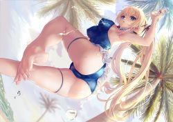 Rule 34 | 1girl, absurdres, armpits, ass, azur lane, backless swimsuit, blonde hair, blue eyes, blue one-piece swimsuit, breasts, dead or alive, dutch angle, feet, feet out of frame, female focus, foreshortening, frilled swimsuit, frills, highres, huge filesize, long hair, marie rose, medium breasts, one-piece swimsuit, palm tree, pondel, pouring, pouring onto self, skin tight, solo, swimsuit, thigh strap, tree, very long hair, water