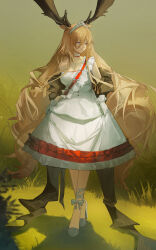 Rule 34 | 1girl, arknights, blonde hair, blue eyes, brown shawl, commentary, dress, english commentary, gloves, grass, hair between eyes, highres, long hair, looking to the side, outdoors, sash, shawl, sidelocks, single strap, sky, solo, tiara, very long hair, viviana (arknights), white dress, white footwear, white gloves, yuuki mix