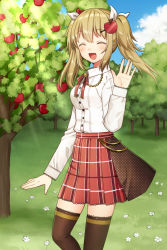 Rule 34 | 1girl, :d, ^ ^, apple, apple hair ornament, apple tree, arm at side, bad id, bad pixiv id, blue sky, blush, breasts, brown thighhighs, character request, closed eyes, cloud, collared shirt, day, dress shirt, facing viewer, fingernails, flower, food, food-themed hair ornament, fruit, hair between eyes, hair ornament, hair ribbon, hairclip, hand up, inishie no megami to houseki no ite, kurata rine, light brown hair, long hair, long sleeves, official art, open mouth, outdoors, plaid, plaid skirt, pleated skirt, red apple, red skirt, ribbon, shirt, skirt, sky, sleeves past wrists, small breasts, smile, solo, standing, thighhighs, tree, twintails, white flower, white ribbon, white shirt