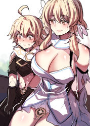 Rule 34 | 1boy, 1girl, @ @, absurdres, aether (genshin impact), aged up, ahoge, ara ara, bare shoulders, black gloves, blonde hair, blush, breasts, brother and sister, cleavage, closed mouth, detached sleeves, dress, genshin impact, gloves, hair between eyes, highres, hinghoi, large breasts, looking at another, lumine (genshin impact), nervous, nervous sweating, short hair with long locks, shy, siblings, sitting, sketch, smile, sweat, wavy mouth, white dress, yellow eyes