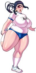 Rule 34 | 1girl, blue buruma, blue hair, blunt bangs, blush, breasts, buruma, commission, cyclops, gym uniform, hitomi sensei no hokenshitsu, huge breasts, long hair, manaka hitomi, one-eyed, open hand, open mouth, outstretched arm, plump, red eyes, shirt, shoes, short sleeves, sidelocks, simple background, skeb commission, sneakers, socks, solo, standing, standing on one leg, sweatdrop, synecdoche, t-shirt, teeth, thick thighs, thighs, upper teeth only, white background, white footwear, white shirt, white socks