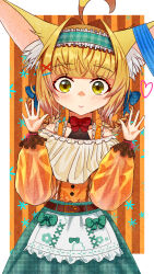 Rule 34 | 1girl, absurdres, ahoge, alternate costume, animal ear fluff, animal ears, arknights, belt, blonde hair, blue bow, blush, bow, bow skirt, bowtie, braid, braided hair rings, brown belt, chinese commentary, closed mouth, commentary request, cowboy shot, fashion, flyshadow, fox ears, fox girl, frilled hairband, frills, green bow, green hairband, green skirt, hair bow, hair ornament, hair rings, hairband, hairclip, hands up, highres, long sleeves, looking at viewer, no tail, orange shirt, puffy long sleeves, puffy sleeves, red bow, red bowtie, shirt, short hair, skirt, solo, suzuran (arknights), twin braids, yellow eyes