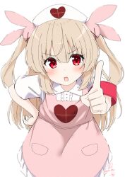 Rule 34 | &gt; &lt;, 1girl, apron, armband, blonde hair, blush, center frills, collared dress, dress, frills, hair between eyes, hair ornament, hand on own hip, hand up, hat, heart, heart print, highres, index finger raised, long hair, looking at viewer, natori sana, nurse cap, open mouth, pink apron, pocket, rabbit hair ornament, red armband, red eyes, sana channel, sechin, short sleeves, simple background, solo, two side up, v-shaped eyebrows, virtual youtuber, white background, white dress
