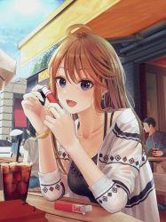 Rule 34 | 1girl, ahoge, bad id, bad pixiv id, blonde hair, blue eyes, car, collarbone, cup, drinking glass, highres, idolmaster, idolmaster million live!, idolmaster million live! theater days, long hair, looking at viewer, motor vehicle, open mouth, outdoors, simple background, sitting, solo, solo focus, tagme, tokoro megumi, turisasu