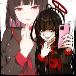 Rule 34 | 1girl, antenna hair, black hair, blue archive, blunt bangs, choker, collarbone, commentary request, dual persona, halo, holding, holding phone, long hair, long sleeves, looking at viewer, phone, red choker, red eyes, ress, school uniform, selfie, serafuku, sidelocks, simple background, sweat, nervous sweating, taking picture, tsurugi (blue archive), zoom layer
