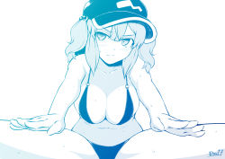 Rule 34 | 1girl, alternate costume, bikini, blue theme, blush, breasts, cleavage, commentary request, flat cap, hair bobbles, hair ornament, hat, highres, kagiyama shachou, kawashiro nitori, large breasts, looking at viewer, medium hair, monochrome, navel, sidelocks, simple background, solo, stretching, sweat, swimsuit, touhou, two side up