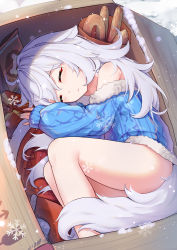 Rule 34 | 1girl, absurdres, ass, bare shoulders, blue sweater, blush, bottomless, box, cardboard box, chiya 1589505970, christmas stocking, closed eyes, commentary request, food, fur-trimmed sweater, fur trim, gift, gift box, hair between eyes, highres, in box, in container, long hair, long sleeves, lying, off-shoulder sweater, off shoulder, on side, original, parted lips, puffy long sleeves, puffy sleeves, silver hair, sleeves past wrists, snow, snowflakes, snowing, solo, sweater, tail, tail censor, very long hair