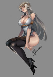 Rule 34 | 1girl, 2019, armlet, black footwear, boots, breasts, circlet, cleavage, commentary, crossed ankles, dress, elf, english commentary, full body, grey background, high heel boots, high heels, highleg, highleg dress, highres, iliana (unsomnus), invisible chair, ippus, large breasts, lips, long hair, long legs, looking at viewer, no panties, nose, original, plunging neckline, pointy ears, signature, sitting, solo, straight hair, thick thighs, thigh boots, thighhighs, thighs, white dress, yellow eyes