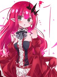 1girl absurdres baobhan_sith_(fate) baobhan_sith_(first_ascension)_(fate) bare_shoulders blush breasts detached_sleeves dress fate/grand_order fate_(series) frilled_dress frills grey_eyes hair_ornament highres long_hair looking_at_viewer meggut_2521 open_mouth pink_hair pointy_ears sidelocks solo white_background