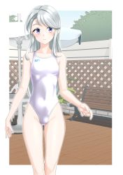 Rule 34 | 1girl, absurdres, alternate costume, asymmetrical bangs, bench, blue sky, breasts, cameltoe, commentary request, competition swimsuit, covered navel, cowboy shot, day, grey hair, highleg, highleg swimsuit, highres, kantai collection, long hair, one-piece swimsuit, outdoors, park bench, purple eyes, sagiri (kancolle), sky, small breasts, solo, standing, swept bangs, swimsuit, takafumi, white one-piece swimsuit