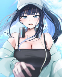 1girl black_hair blue_archive blue_eyes blue_hair breasts cleavage hat headphones headphones_around_neck highres large_breasts long_hair looking_at_viewer official_alternate_costume saori_(blue_archive) saori_(swimsuit)_(blue_archive) smile solo upper_body white_hat yunamaro