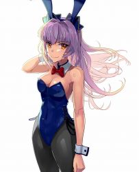 Rule 34 | 1girl, animal ears, bad id, bad pixiv id, bare shoulders, black pantyhose, blue leotard, bow, bowtie, breasts, busou shinki, character request, cleavage, covered navel, cowboy shot, detached collar, doll joints, fake animal ears, highres, joints, leotard, long hair, looking at viewer, mechanical parts, medium breasts, pantyhose, playboy bunny, rabbit ears, red bow, red bowtie, simple background, smile, solo, sunga2usagi, white background, wrist cuffs, yellow eyes