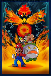Rule 34 | 3boys, angry, blue eyes, bowser, bowser jr., brown hair, cat, claws, electricity, fangs, fighting stance, fire, fire, full body, fury bowser, hat, highres, horns, koopa clown car, lightning, mario, mario (series), monster, multiple boys, nintendo, paintbrush, red hair, serious, super mario 3d world, tears, white eyes