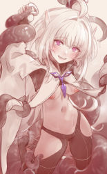 Rule 34 | 1girl, absurdres, ahoge, breasts, cameltoe, clothes lift, clothing cutout, fate/grand order, fate/prototype, fate (series), fingerless gloves, gloves, greyscale, highres, long hair, long sleeves, looking at viewer, medium breasts, merlin (fate/prototype), merlin (fate/prototype) (second ascension), monochrome, navel, nipples, nurami (shouji), open mouth, pants, pointy ears, purple eyes, restrained, robe, smile, spot color, tentacles, thigh cutout, thighs, very long hair, wide sleeves