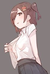 Rule 34 | 1girl, :p, aijou karen, arm behind back, breasts, bright pupils, brown eyes, brown hair, closed mouth, collared shirt, covered erect nipples, crown hair ornament, dress shirt, flashing, from side, goe (g-o-e), grey background, grey skirt, hand up, highres, light blush, looking at viewer, looking to the side, medium breasts, nipples, no bra, one side up, open clothes, open shirt, pleated skirt, school uniform, see-through, seishou music academy uniform, shirt, shirt tucked in, short hair, short sleeves, shoujo kageki revue starlight, sideways glance, simple background, skirt, solo, standing, swept bangs, tongue, tongue out, upper body, white pupils, white shirt