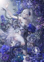 1girl bare_shoulders breasts cleavage curled_horns dragon_girl dress flower highres horns long_hair medium_breasts navel original parted_lips ponytail purple_eyes purple_flower revealing_clothes scales senano-yu skeleton solo strapless strapless_dress white_dress white_hair