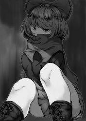 Rule 34 | 1girl, absurdres, bad id, bad pixiv id, black shirt, boots, bow, cape, covered mouth, cross-laced footwear, greyscale, hair bow, highres, lace-up boots, long sleeves, looking at viewer, miniskirt, monochrome, ribbon-trimmed bow, sekibanki, shirt, short hair, sitting, skirt, solo, touhou, withpote