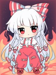 Rule 34 | 1girl, bow, chibi, closed mouth, fire, fujiwara no mokou, full body, grey hair, hair bow, hands in pockets, highres, juliet sleeves, long hair, long sleeves, looking at viewer, multiple bows, ofuda, ofuda on clothes, pants, puffy sleeves, ramudia (lamyun), red eyes, red pants, shirt, solo, standing, suspenders, touhou, twitter username, white shirt
